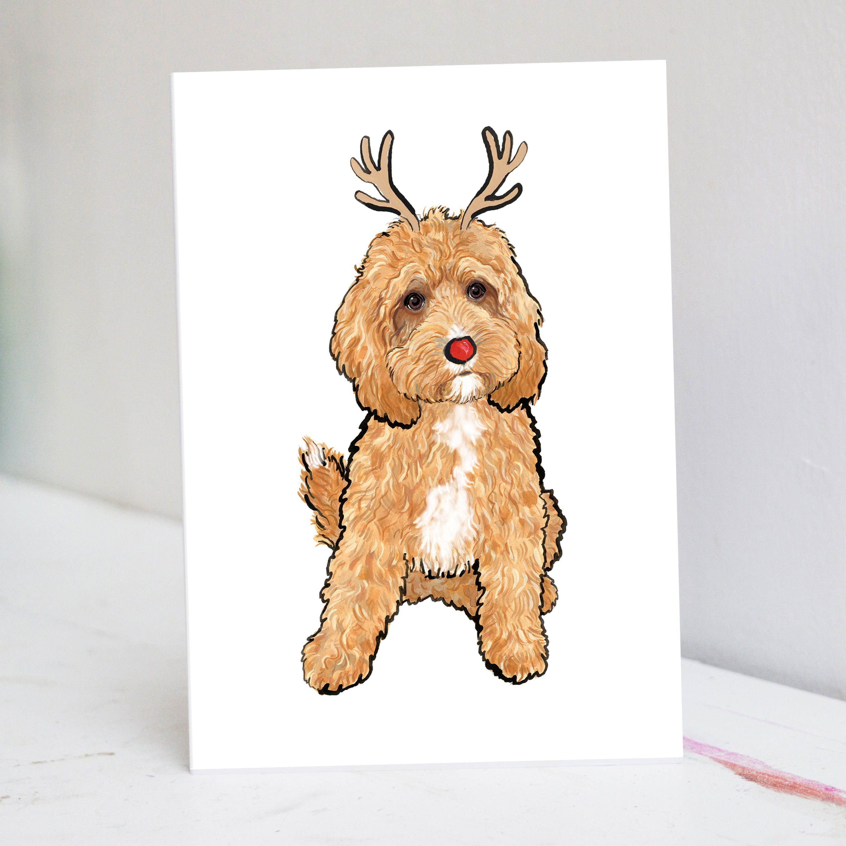 Ruby Cavapoo White Bib Christmas Card – Pet Portrait Illustration