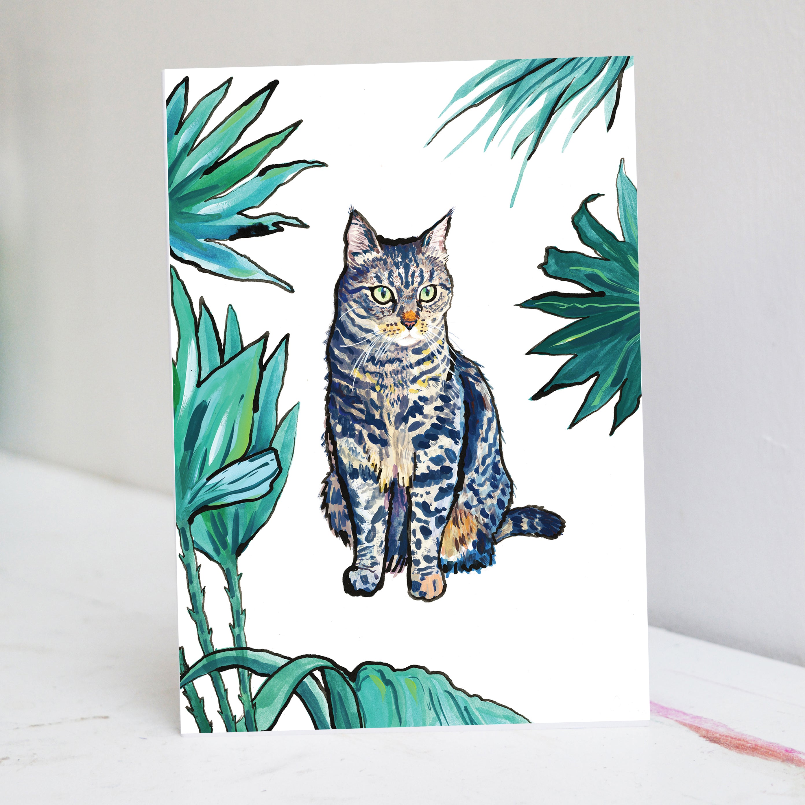 Dark Palm Cat Greetings Card