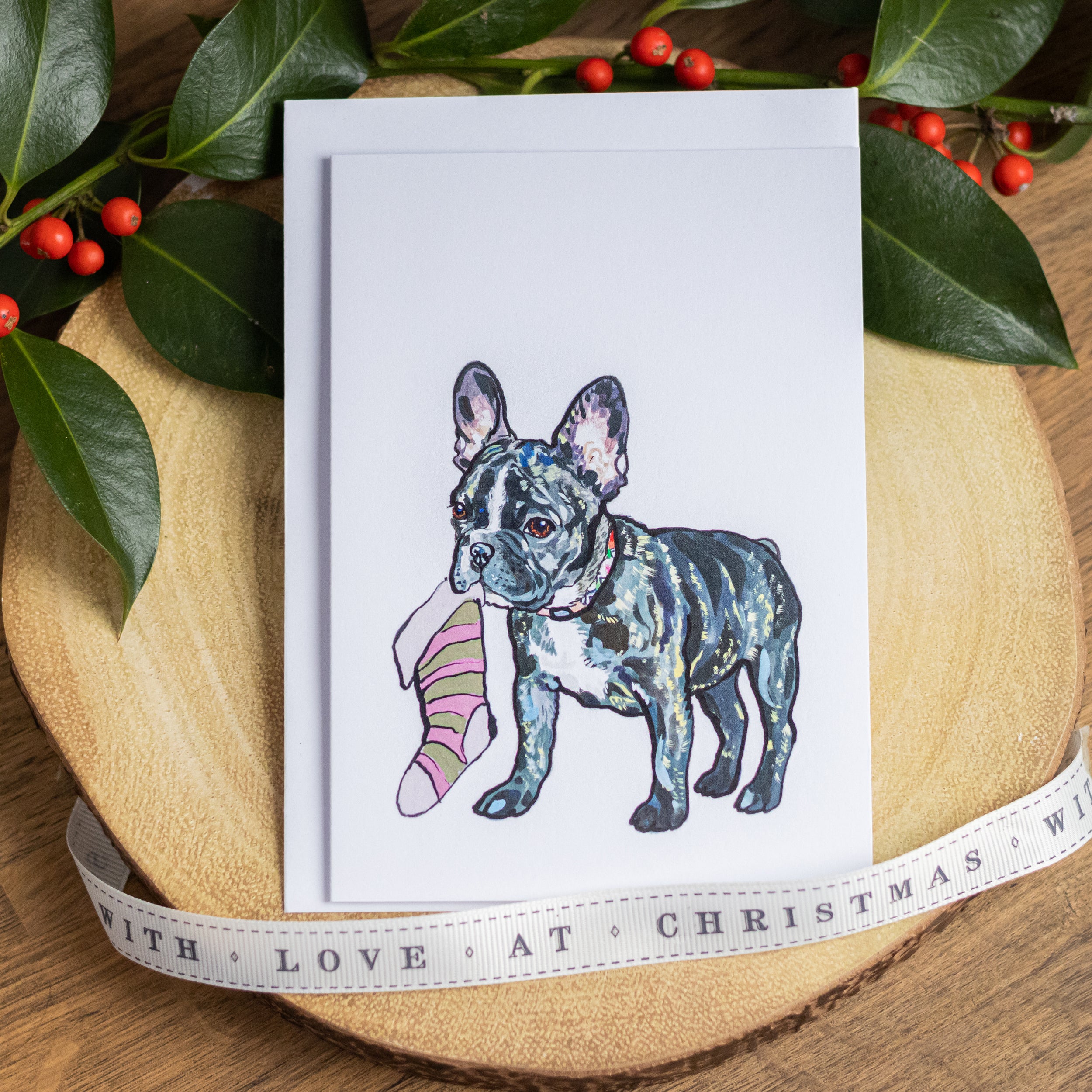 French Bulldog Christmas Card – Pet Portrait Illustration