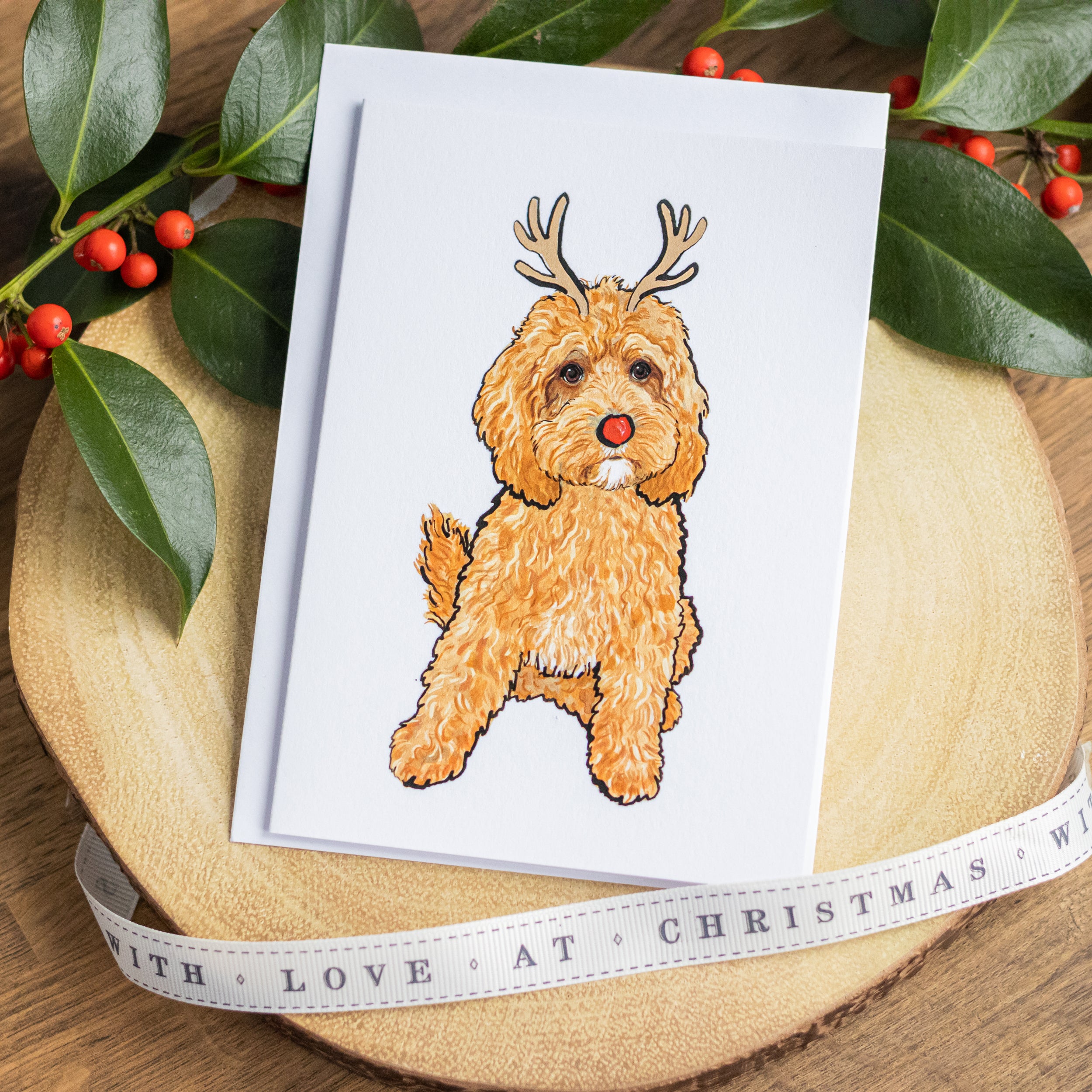 Ruby Cavapoo Christmas Card – Pet Portrait Illustration