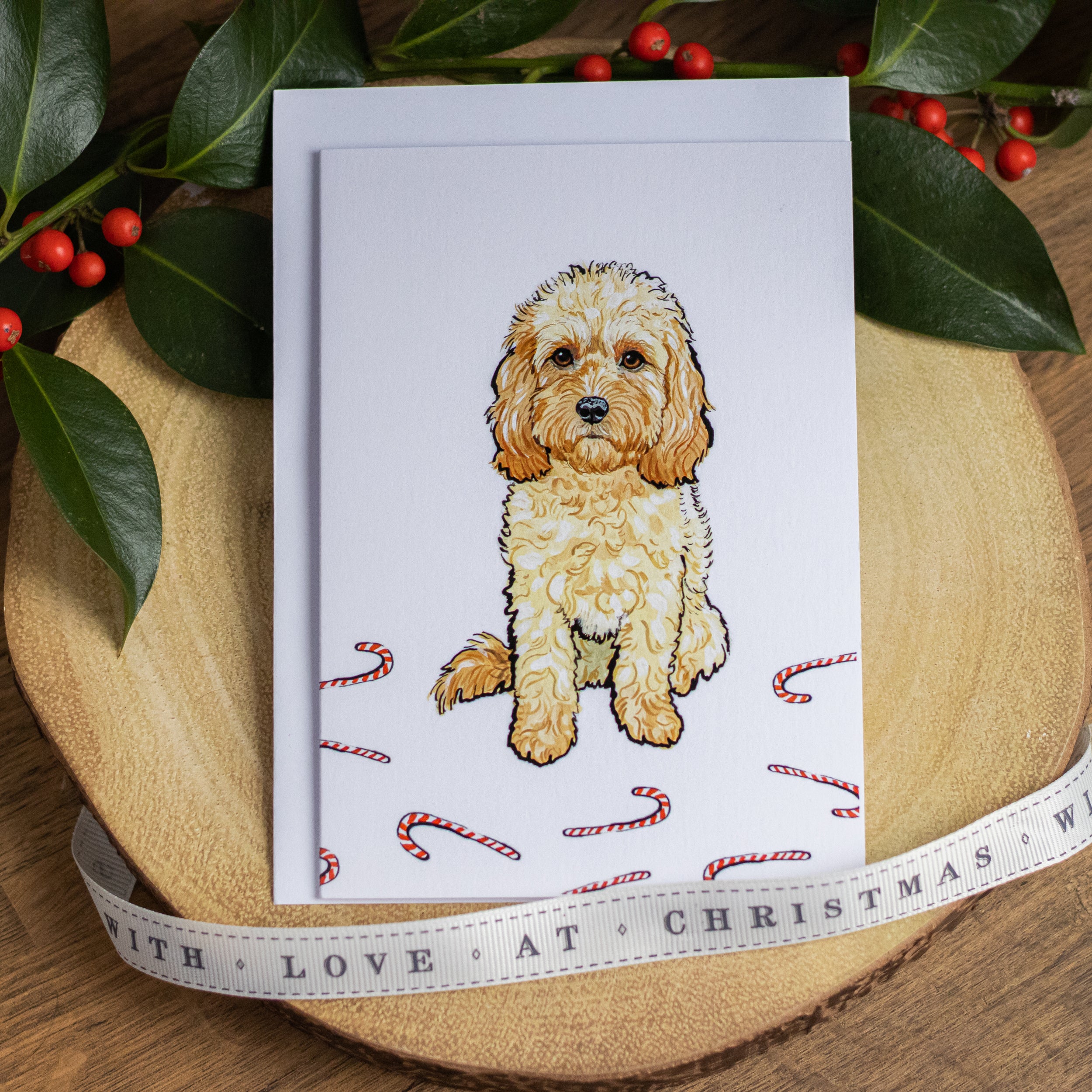 Apricot Cavapoo Christmas Card – Pet Portrait Illustration